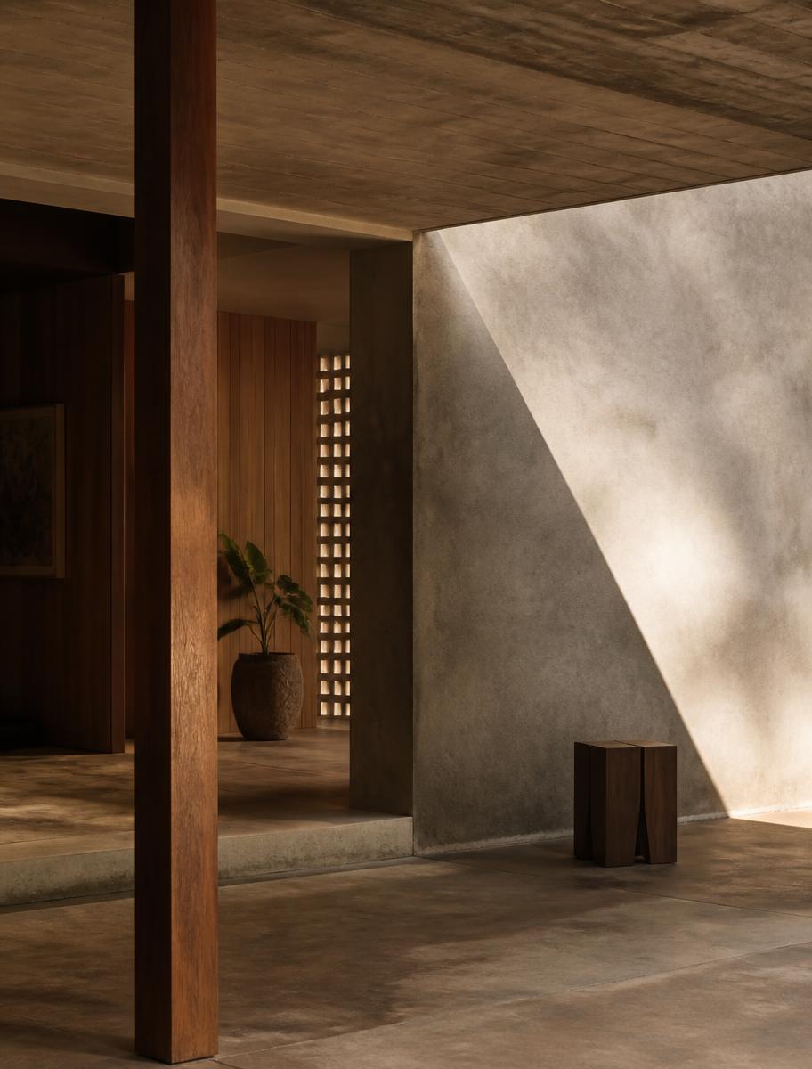 Concrete overhang casting diagonal shade across a plaster wall in a tropical modernist interior